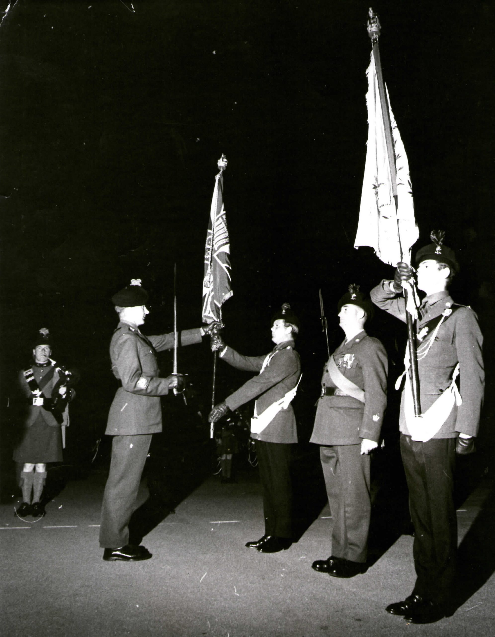 last parade of the Inniskillings Fusiliers Colours before amalgamation. 30th June 1968, Norton Bks, Worcester, England