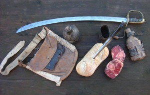 Bread, meat and wine. Also included are a 1803 pattern sword, favoured by the officers of the flank battalions, the knapsack, water bottle, mess tin and dirk made from a bayonet, belonging to an Inniskilling officer killed in Spain in 1813.