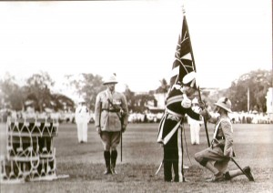 1938 - The Governor, Singapore, presenting the new King's Colour to the 1st Battalion