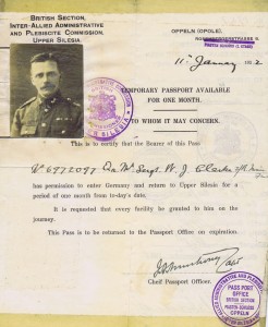 Temporary Passport for QMS Clarke, from Castlederg. He served in 2nd Bn throughout the war and gained a bravery award